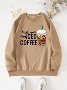 SHEIN EZwear Plus Coffee & Slogan Graphic Thermal Pullover - Khaki - View 1