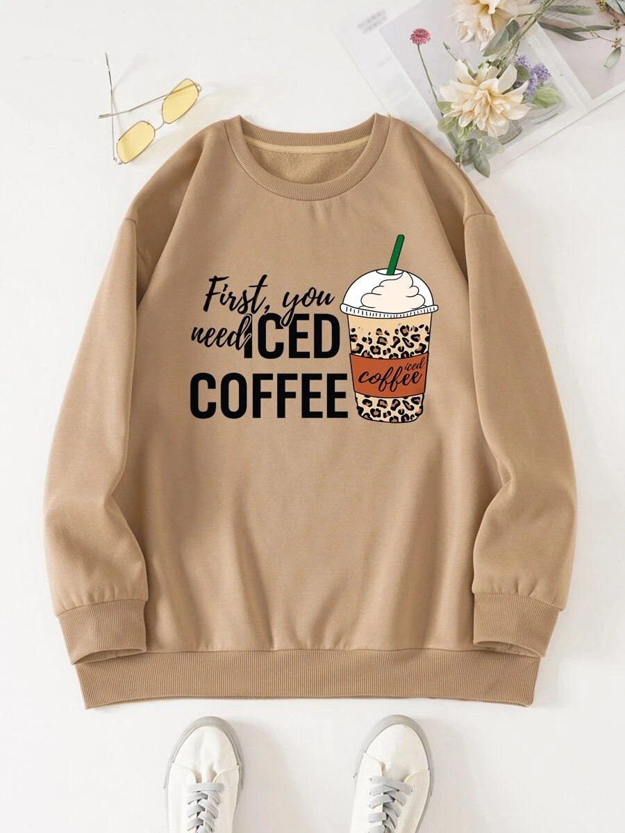 SHEIN EZwear Plus Coffee & Slogan Graphic Thermal Pullover - Khaki - View 1