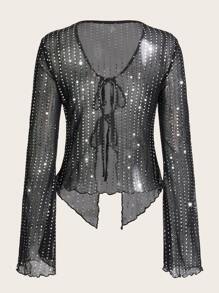 SHEIN ICON Tie Front Sequin Mesh Top - Black - View 2