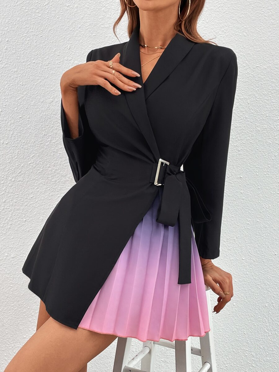 Chiquease Colorblock Shawl Collar Knot Side Pleated Hem Blazer Dress - Black - View 1