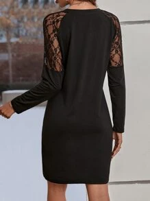 SHEIN LUNE Đầm Tương phản ren màu trơn Thanh lịch - màu đen - Xem 3