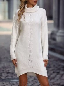 Turtleneck Drop Pointelle Knit Shoulder Jumper Dress - Beige - View 1