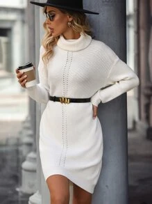 Turtleneck Drop Pointelle Knit Shoulder Jumper Dress - Beige - View 5