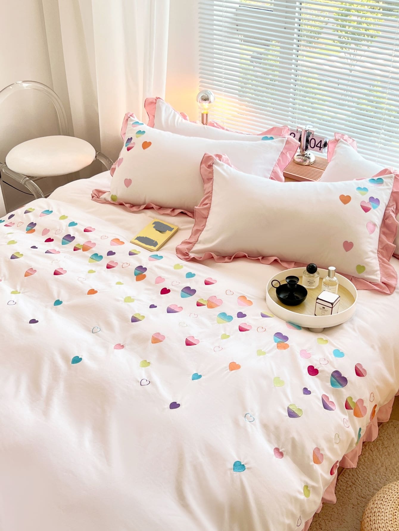 Heart Embroidered Duvet Cover Set Without Filler - Multicolor - View 1