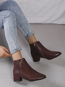 Metal Decor Zipper Side Point Toe Chunky Heeled Classic Boots - Burgundy - View 4