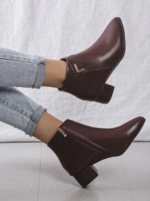 Metal Decor Zipper Side Point Toe Chunky Heeled Classic Boots - Burgundy - View 5