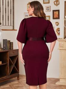 CurvySweet Plus Petal Sleeve Contrast Lace Split Hem Dress - Burgundy - View 2