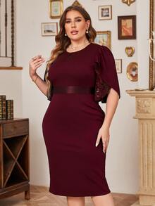 CurvySweet Plus Petal Sleeve Contrast Lace Split Hem Dress - Burgundy - View 3