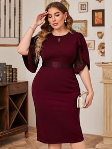 CurvySweet Plus Petal Sleeve Contrast Lace Split Hem Dress - Burgundy - View 5