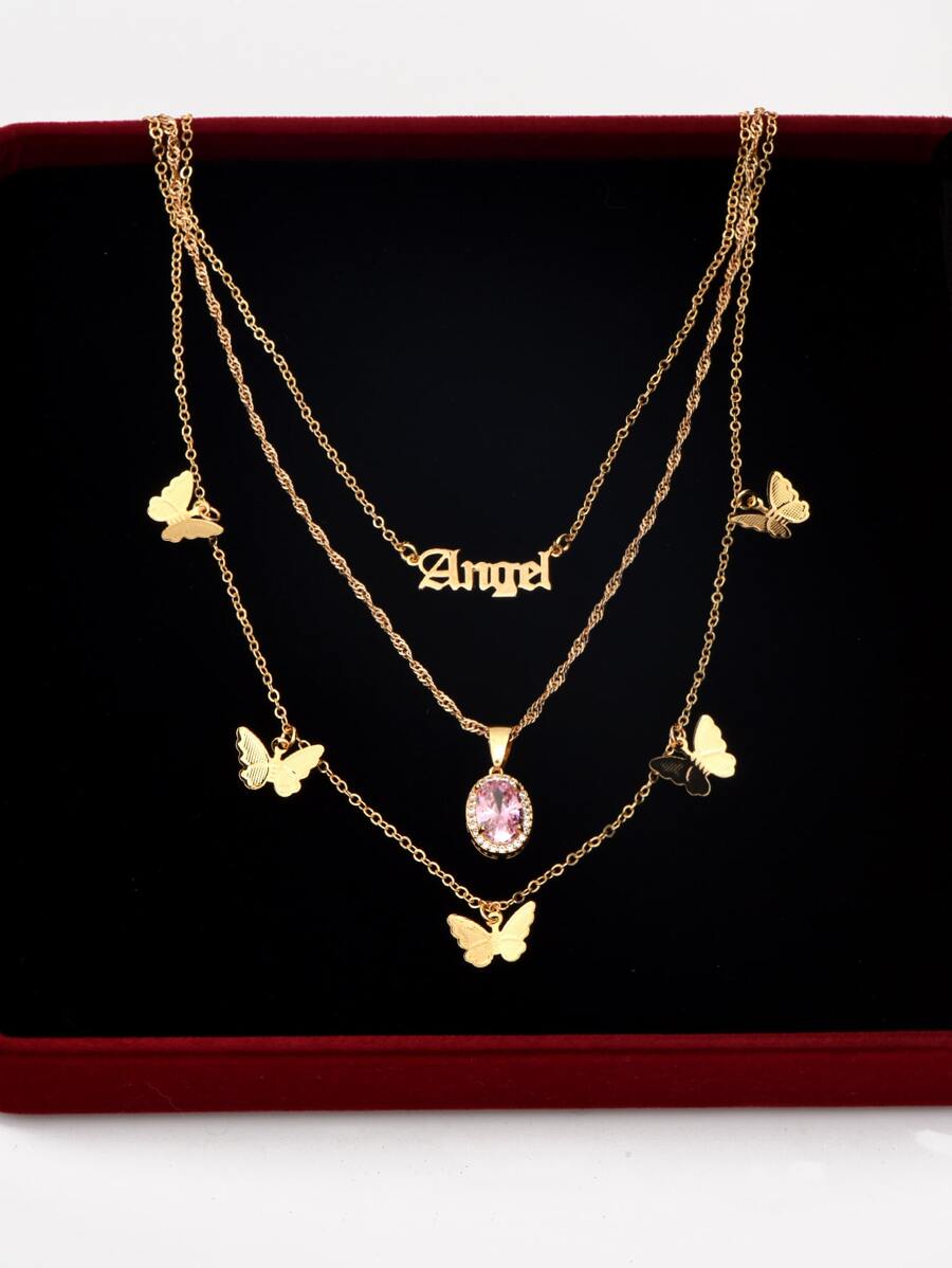 2pcs Cubic Zirconia & Butterfly Charm Layered Necklace - Yellow Gold - View 1