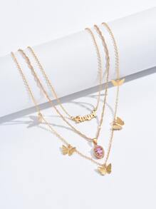 2pcs Cubic Zirconia & Butterfly Charm Layered Necklace - Yellow Gold - View 5