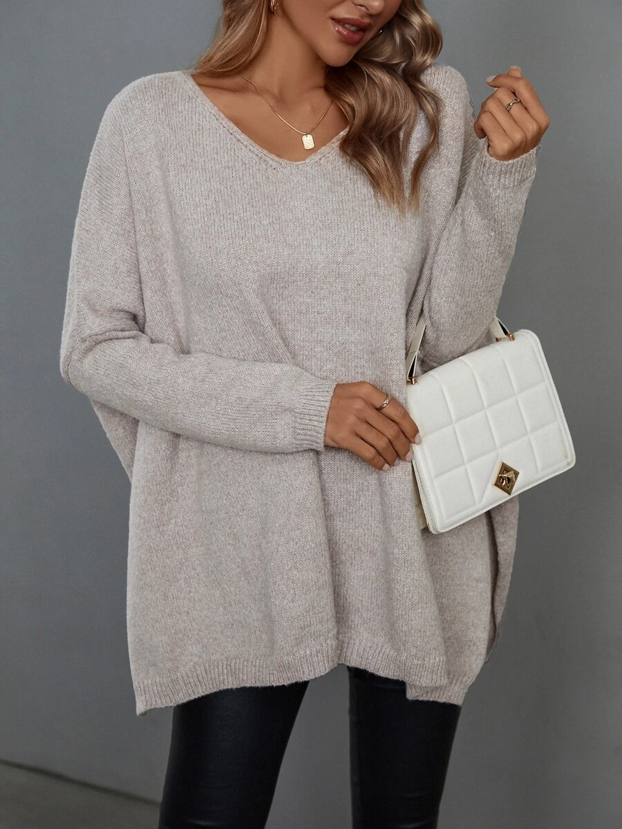 SHEIN LUNE Batwing Sleeve Split Hem Jumper - Apricot - View 1