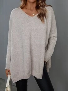 SHEIN LUNE Batwing Sleeve Split Hem Jumper - Apricot - View 3