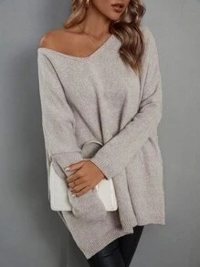 SHEIN LUNE Batwing Sleeve Split Hem Jumper - Apricot - View 4