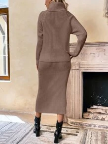 SHEIN LUNE Jersey de manga raglán & Falda tejida de canalé - Marrón Mocha - Ver 2