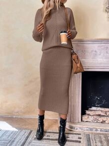 SHEIN LUNE Jersey de manga raglán & Falda tejida de canalé - Marrón Mocha - Ver 4