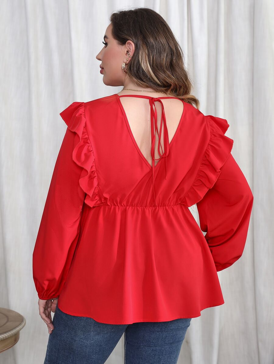 SHEIN Franclia 大碼荷葉邊燈籠袖荷葉邊下擺襯衫 - 紅色 - 查看 1