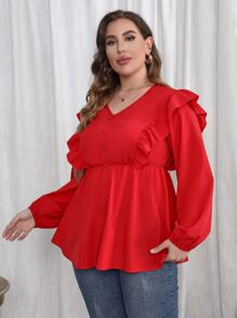 SHEIN Franclia 大碼荷葉邊燈籠袖荷葉邊下擺襯衫 - 紅色 - 查看 3