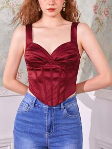 SHEIN MOD Áo hai dây Xù Dây kéo Nếp gấp Phần Ngực màu trơn Buổi tiệc - Màu Đỏ Sâu - Xem 1