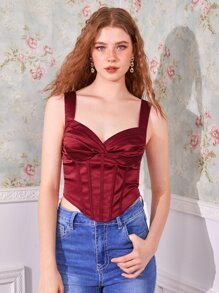 SHEIN MOD Áo hai dây Xù Dây kéo Nếp gấp Phần Ngực màu trơn Buổi tiệc - Màu Đỏ Sâu - Xem 3