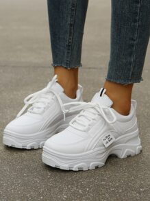 女士白色極簡運動鞋,前綁帶圓頭老爹鞋 - 白色 - 查看 3