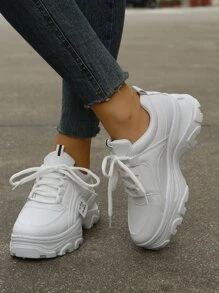女士白色極簡運動鞋,前綁帶圓頭老爹鞋 - 白色 - 查看 6
