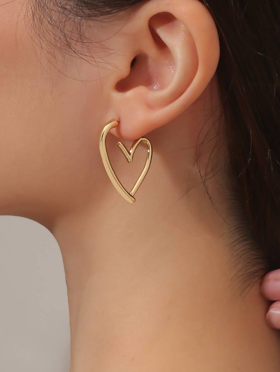 Heart Design Hoop Earrings - Yellow Gold - View 1
