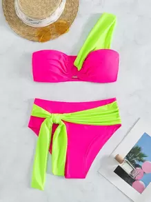 SHEIN Swim 夏季海灘拼色霓虹色比基尼套裝，單肩O形環連接上衣和閉合式高腰下擺，2件式泳裝 - 彩色 - 查看 5