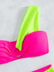 SHEIN Swim 夏季海灘拼色霓虹色比基尼套裝，單肩O形環連接上衣和閉合式高腰下擺，2件式泳裝 - 彩色 - 查看 3