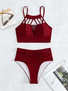 SHEIN Swim Summer Beach Solid Bikini Set Cut-Out Ruched Cami Top & Tummy Control High Waisted Bottom 2 Pieces Bikini - Burgundy - View 5