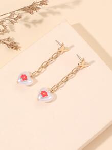 Flower Detail Heart Drop Earrings - Multicolor - View 1