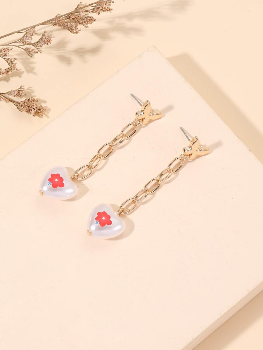Flower Detail Heart Drop Earrings - Multicolor - View 1