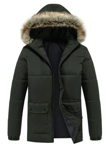 Manfinity Homme Abrigo acolchado con capucha, bolsillos con solapa y ribete suave para hombre - Verde militar - Ver 1