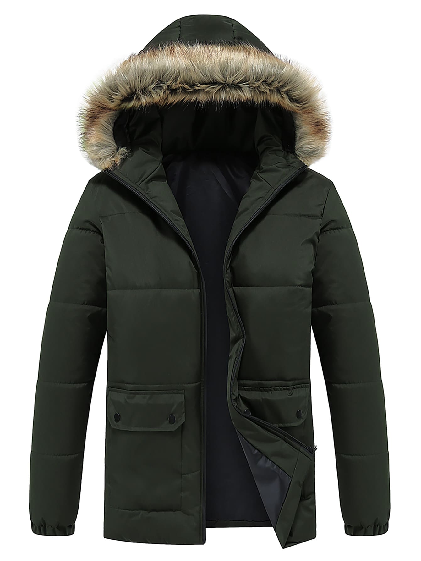 Manfinity Homme Abrigo acolchado con capucha, bolsillos con solapa y ribete suave para hombre - Verde militar - Ver 1