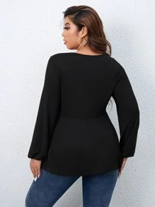 Celure Áo thun Plus size Tương phản ren Cắt ra màu trơn Giải trí - màu đen - Xem 2