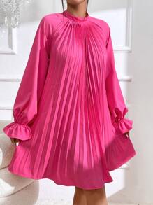 SHEIN Privé Flounce Sleeve Tie Back Pleated Detail Raglan Sleeve Dress - Hot Pink - View 3