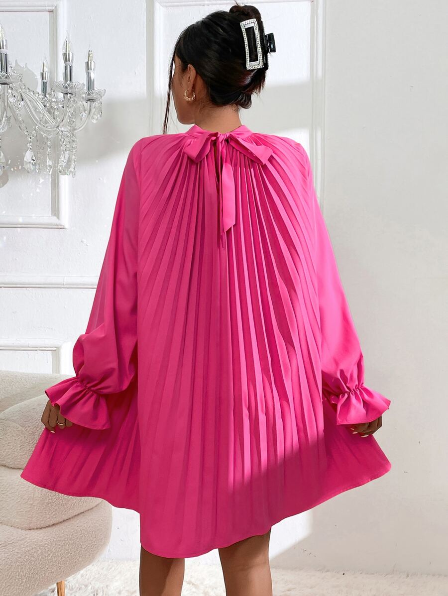 SHEIN Privé Flounce Sleeve Tie Back Pleated Detail Raglan Sleeve Dress - Hot Pink - View 1