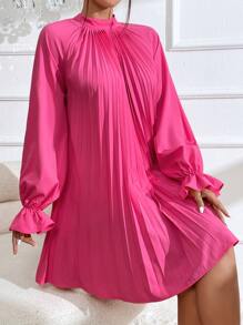 SHEIN Privé Flounce Sleeve Tie Back Pleated Detail Raglan Sleeve Dress - Hot Pink - View 5