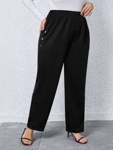 SHEIN Unity 大碼紐扣細節衛褲 - 黑色 - 查看 5