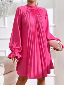SHEIN Privé Flounce Sleeve Tie Back Pleated Detail Raglan Sleeve Dress - Hot Pink - View 2