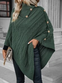 SHEIN LUNE Poncho cuello alto de manga murciélago con diseño de botón tejido de cable - Verde Oscuro - Ver 1