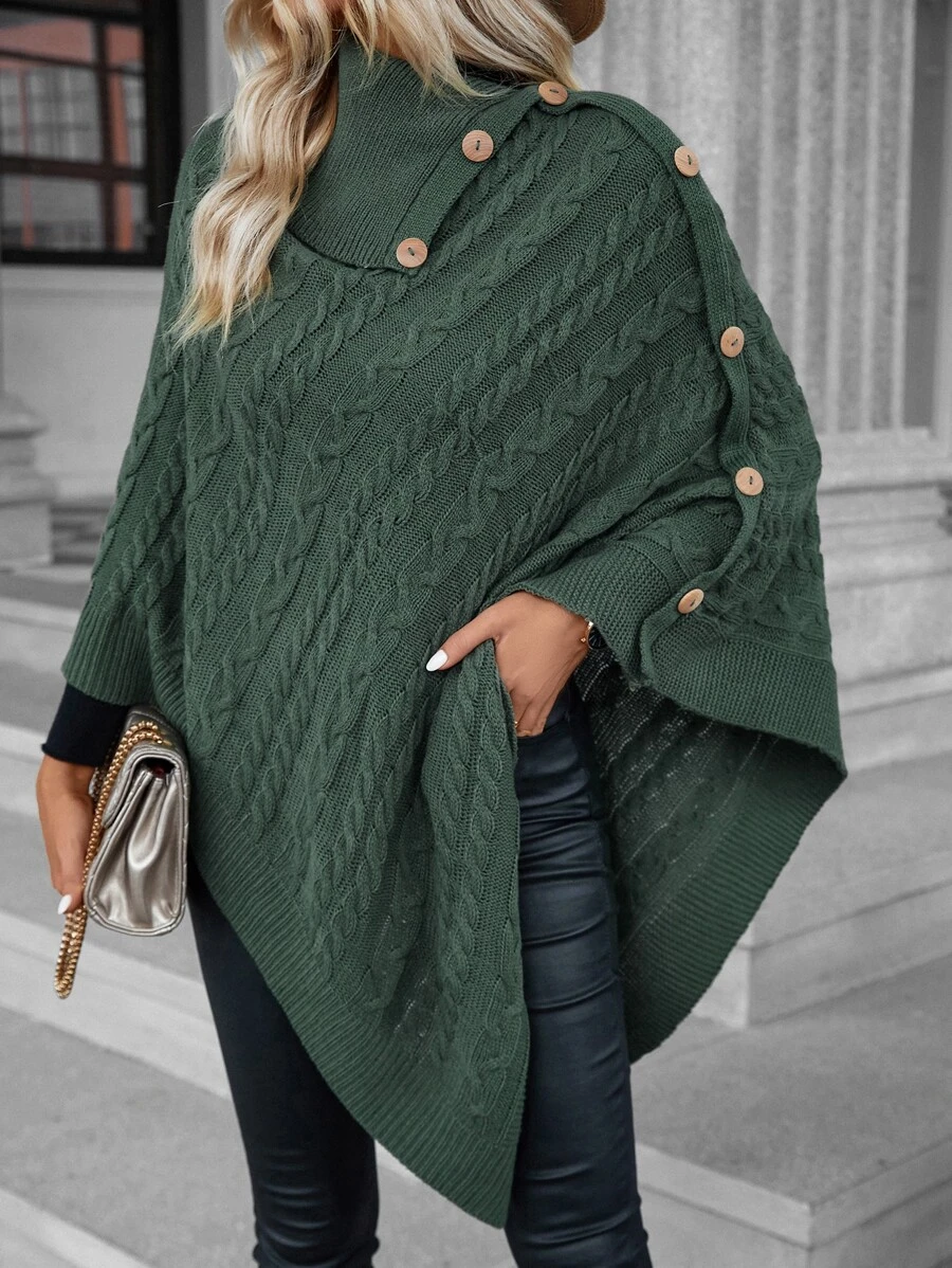 SHEIN LUNE Poncho cuello alto de manga murciélago con diseño de botón tejido de cable - Verde Oscuro - Ver 1