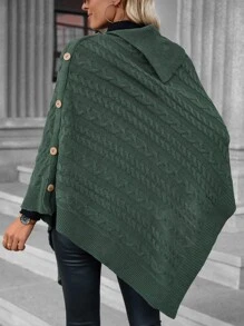 SHEIN LUNE Poncho cuello alto de manga murciélago con diseño de botón tejido de cable - Verde Oscuro - Ver 2