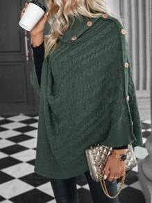 SHEIN LUNE Poncho cuello alto de manga murciélago con diseño de botón tejido de cable - Verde Oscuro - Ver 6