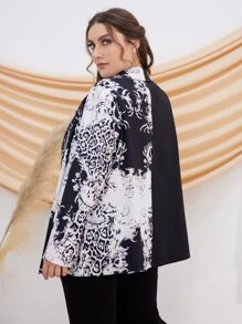 Mulvari Plus Leopard Print Lapel Neck Blazer - Black and White - View 2