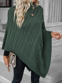 SHEIN LUNE Poncho cuello alto de manga murciélago con diseño de botón tejido de cable - Verde Oscuro - Ver 7