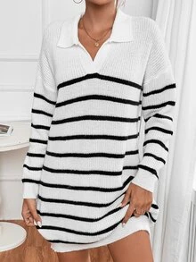SHEIN EZwear Striped Pattern Drop Shoulder Jumper Dress - Black and White - View 3
