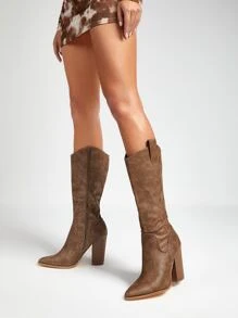 Chunky Heeled Western Boots - Brown - View 3