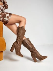 Chunky Heeled Western Boots - Brown - View 4