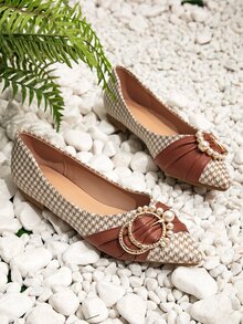 千鳥格圖案扣飾和人造珍珠裝飾芭蕾舞鞋 - 彩色 - 查看 4